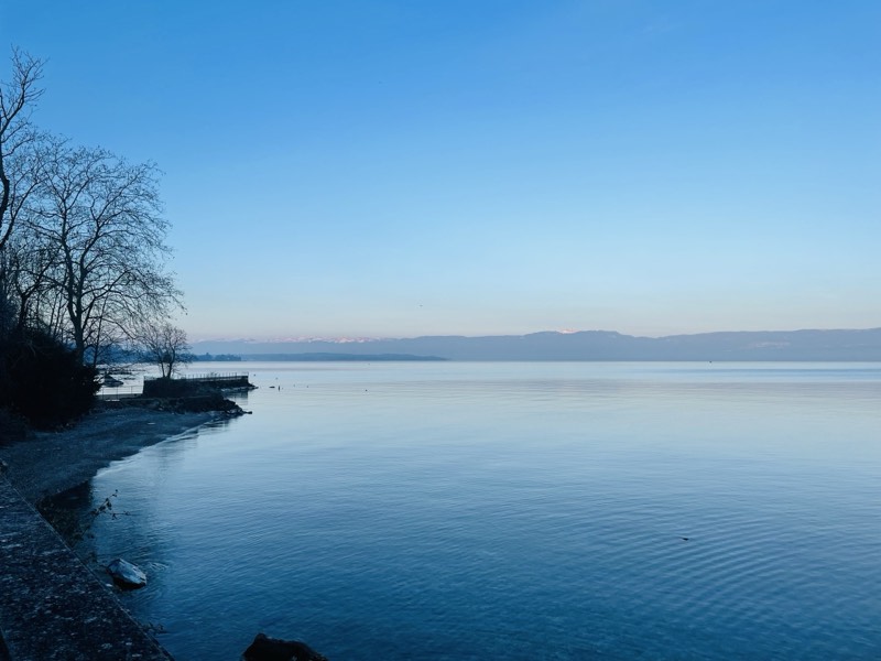 Le Léman au petit matin depuis la rive de Thonon-les-Bains